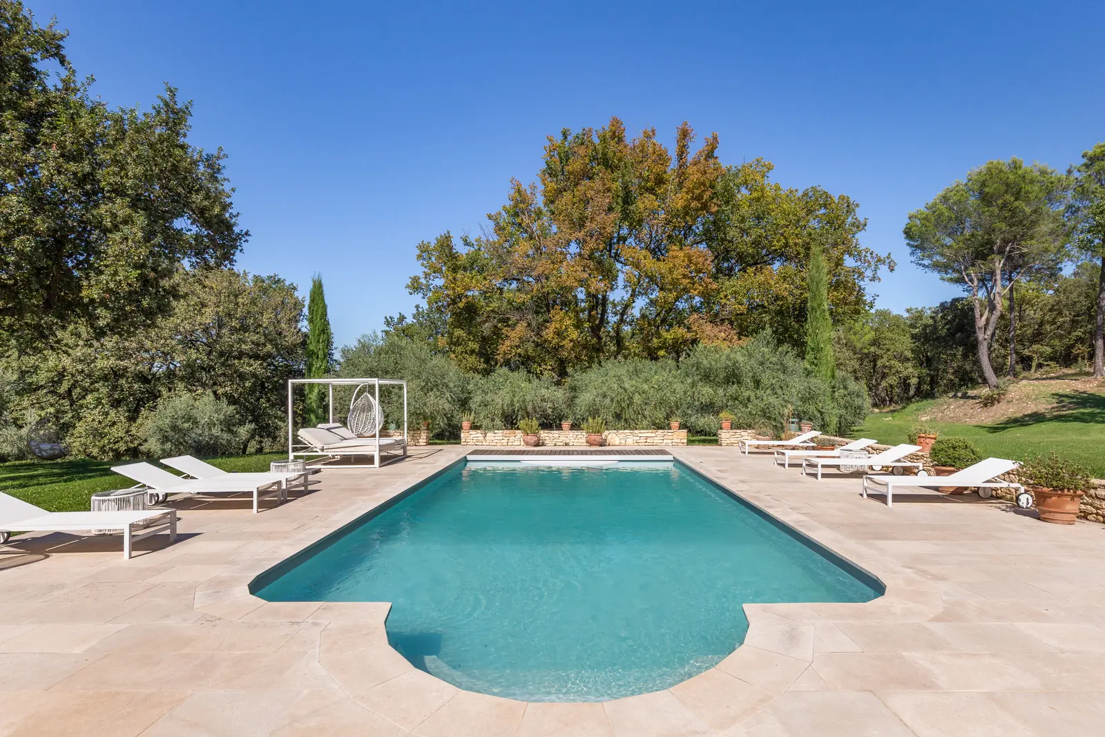 The heated outdoor pool, framed by sun loungers and a great oak
